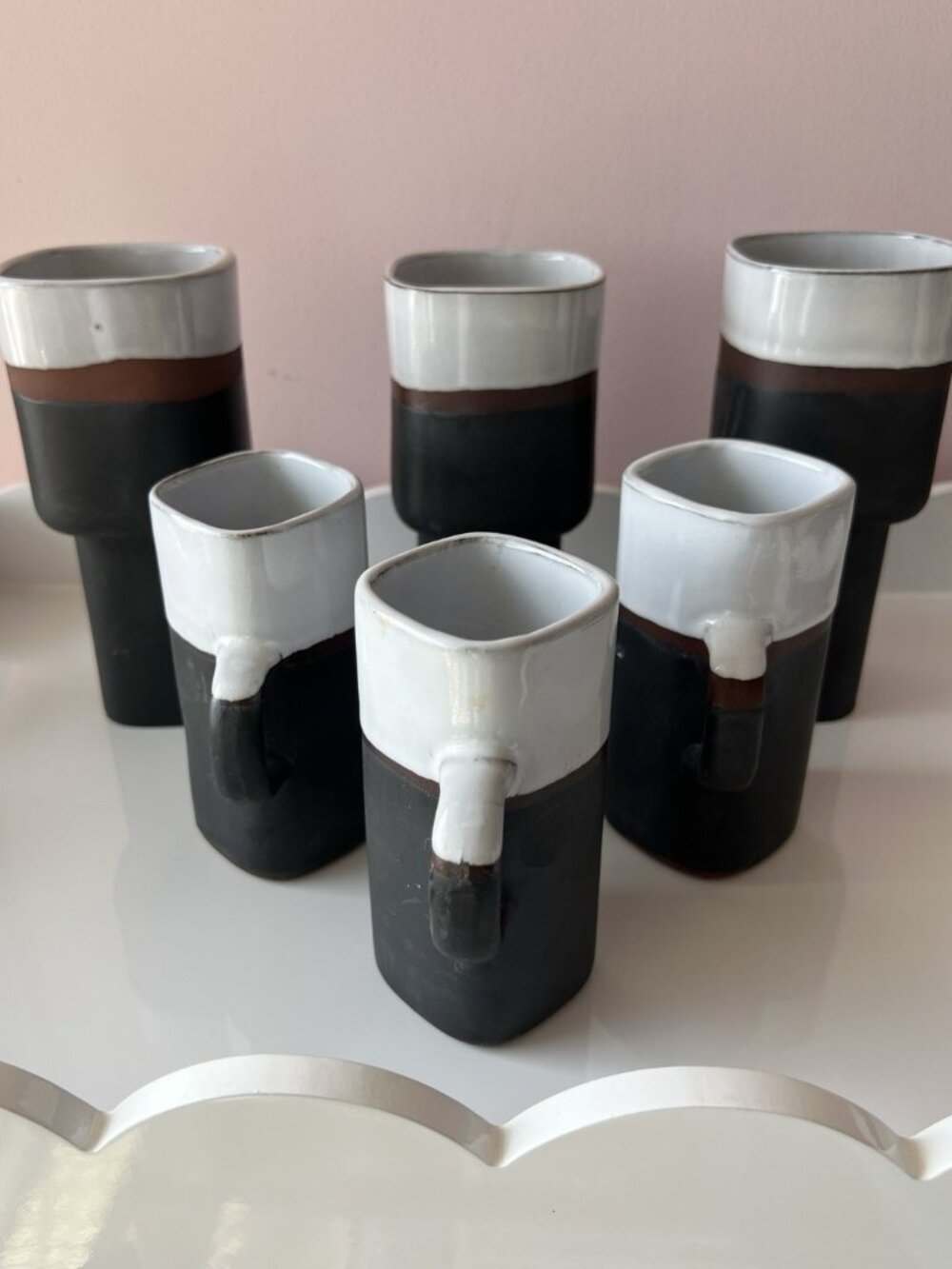 MAURICE SAVOIE 6 Piece MCM Earthenware Pottery 3 Mugs  3 Glasses Brown White